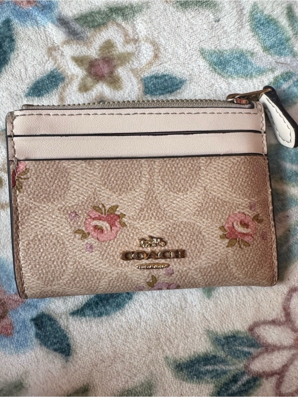 Coach Pink Floral Card Case Wallet in Beige and Pink
